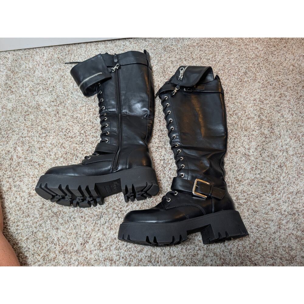 Dream Pairs Women 8.5 Black Knee High Combat Boots Chunky Lug Sole Buckle Zip - Picture 3 of 10